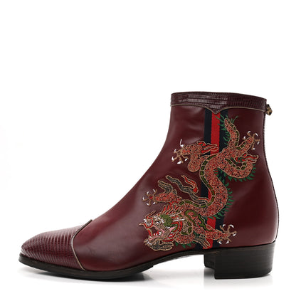 Gucci Calfskin Malaga Kid Lizard Web Dragon Embroidered Ankle Boots 8.5 Bordeaux 1 of 10