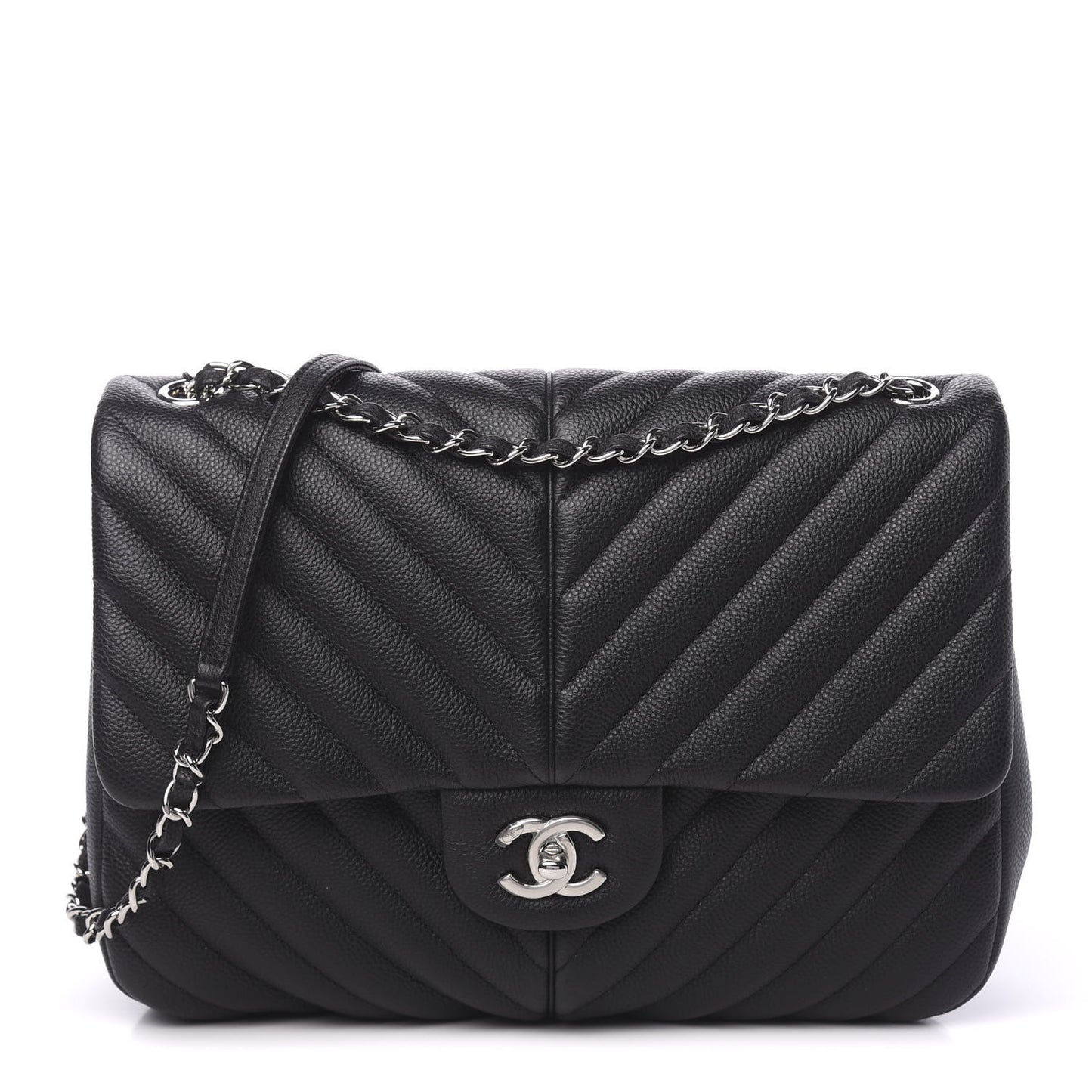 Caviar Chevron Quilted Large Puffy CC Flap Black