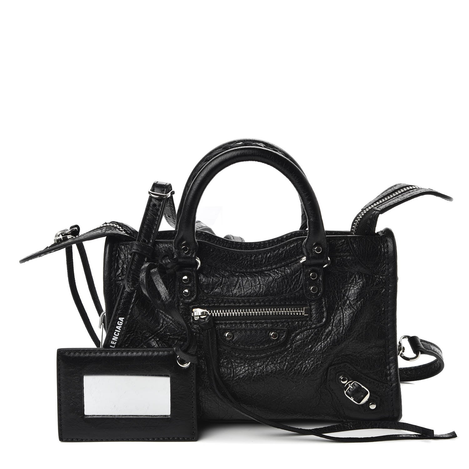 Balenciaga Agneau Classic Silver Hardware Nano City Logo Strap Black White 1 of 8