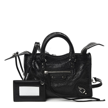 Balenciaga Agneau Classic Silver Hardware Nano City Logo Strap Black White 1 of 8