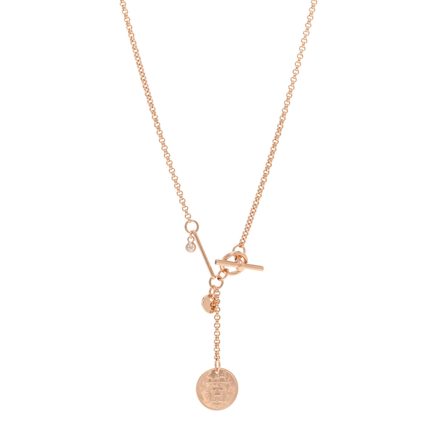 Hermes 18K Rose Gold Diamond PM Ex-Libris Pendant Necklace 1 of 5