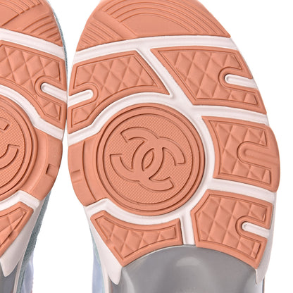 Chanel Nylon Lambskin Suede Calfskin CC Sneakers 38 Coral Light Blue White 6 of 9