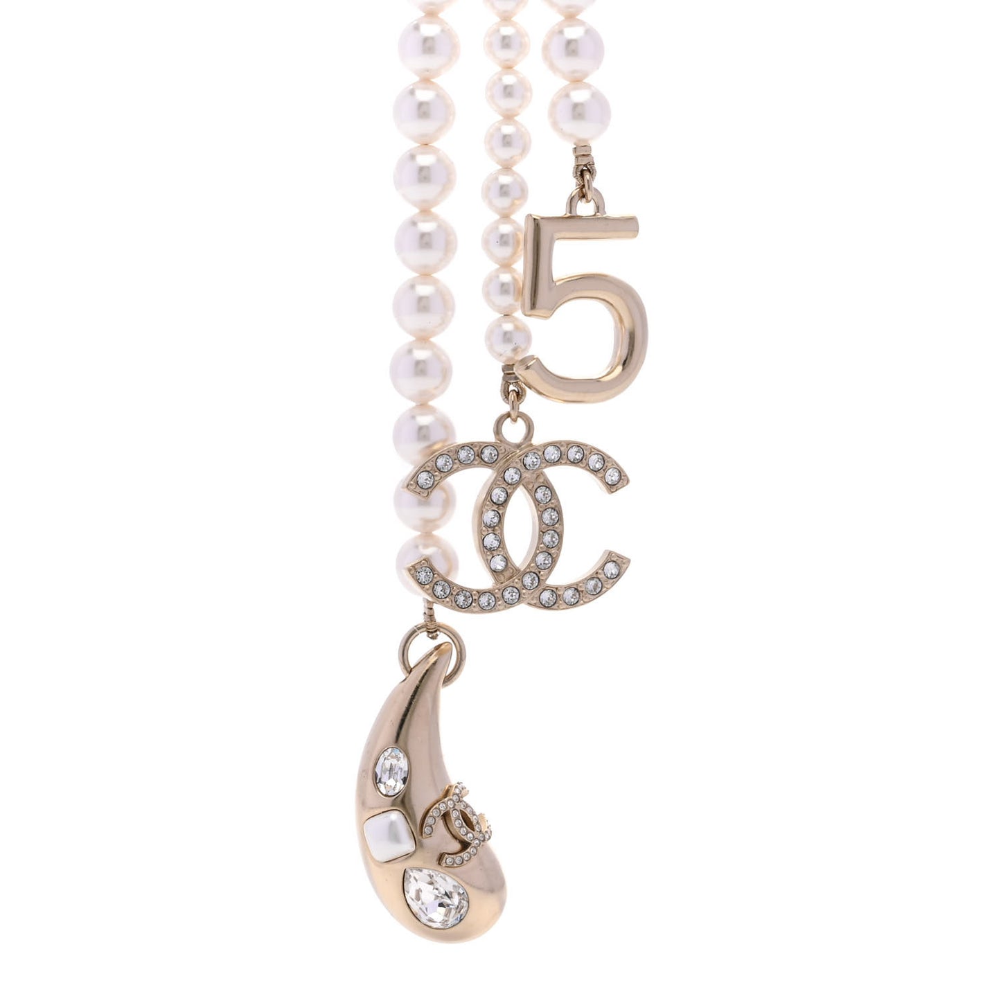 Pearl Beaded CC Charm Drop Multi Strand Lariat Necklace Pearly White Gold