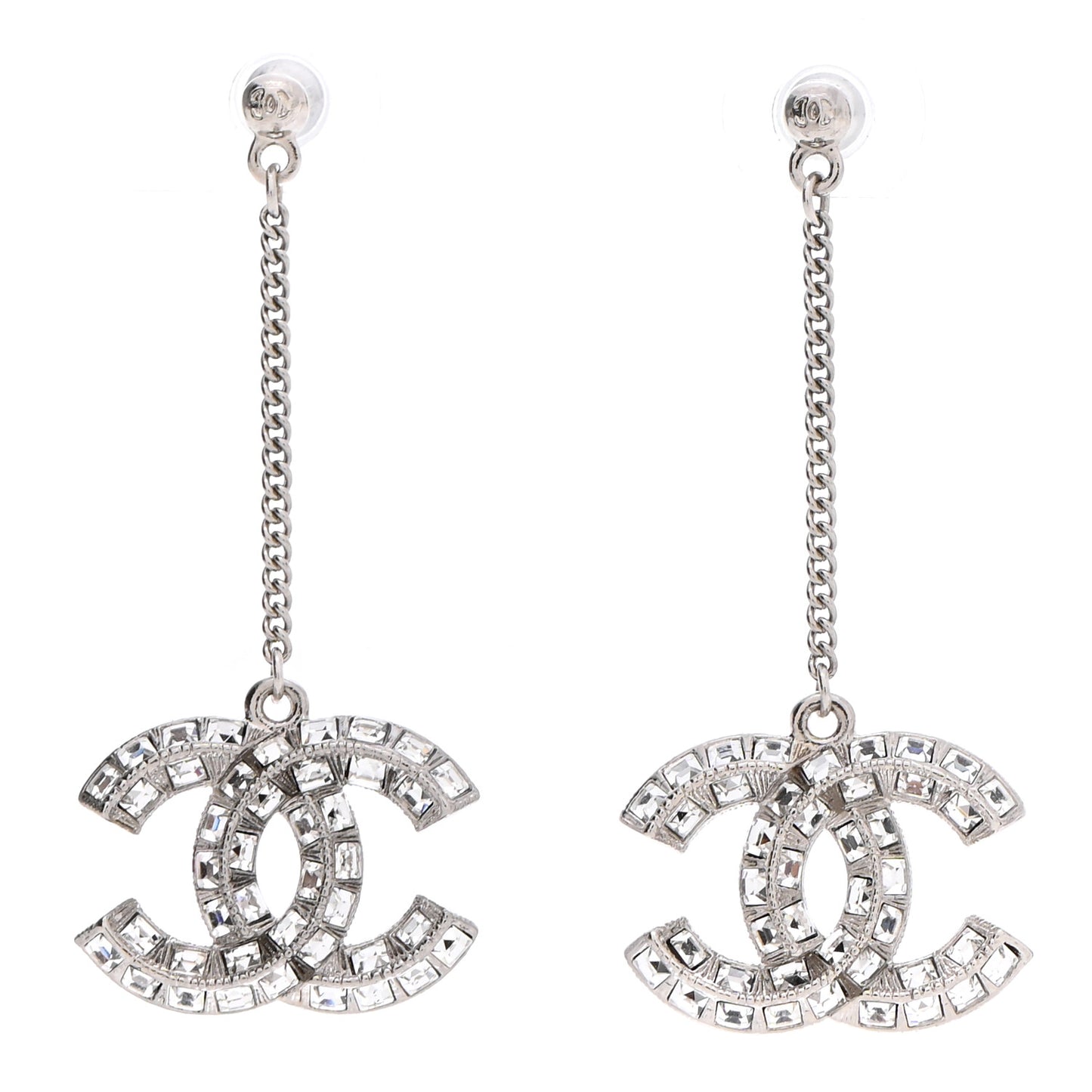 Baguette Crystal CC Drop Earrings Silver