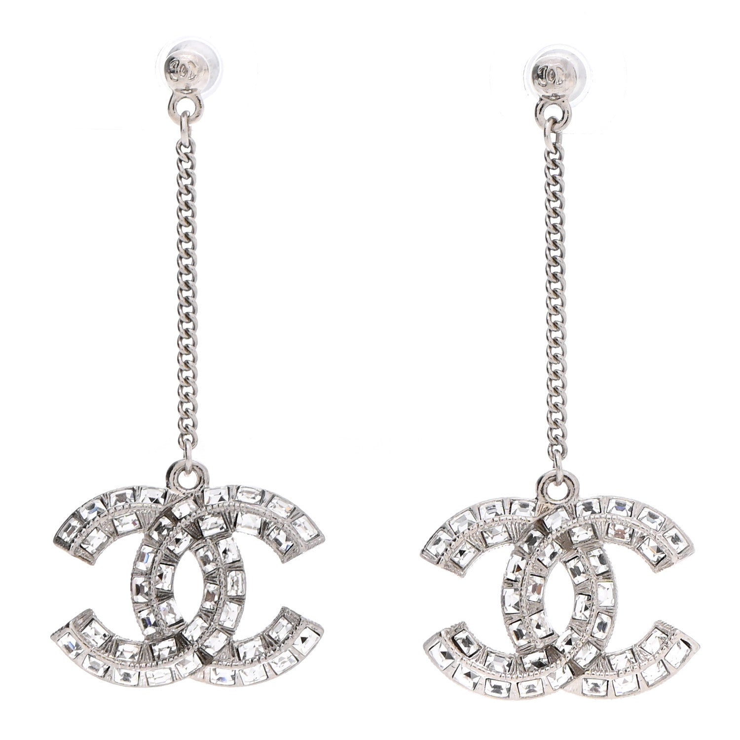 Chanel Baguette Crystal CC Drop Earrings Silver 1 of 5