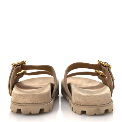 Prada Suede Metal Triangle Logo Womens Double Buckle 20mm Slide Sandals 37 Ecru 6 of 11