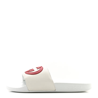 Gucci Nappa Miro Soft Calfskin Womens Interlocking G Slide Sandals 38 White Hibiscus Red 1 of 7