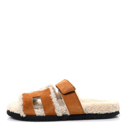 Hermes Suede Goatskin Woolskin Womens Chypre Sandals 39.5 Brun Fume Ecru 1 of 10