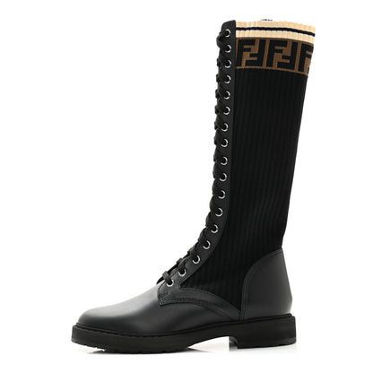Fendi Calfskin Stretch Fabric FF Rockoko Tall Biker Boots 38 Tobacco Black Marino 1 of 8