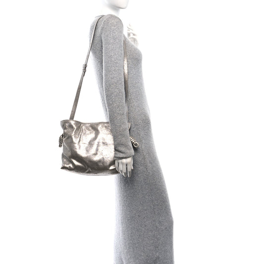 Distressed Metallic Lambskin Medium Flamenco Knot Bag Silver