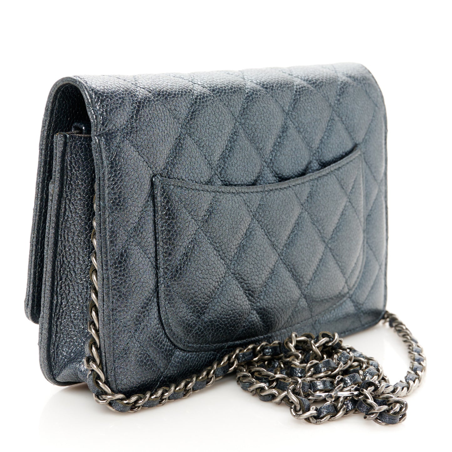 Pearly Caviar Quilted Wallet on Chain WOC Grey