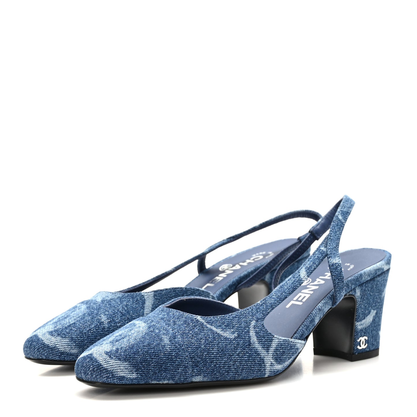 Printed Denim Cap Toe CC Slingback Pumps 38.5 Dark Blue White