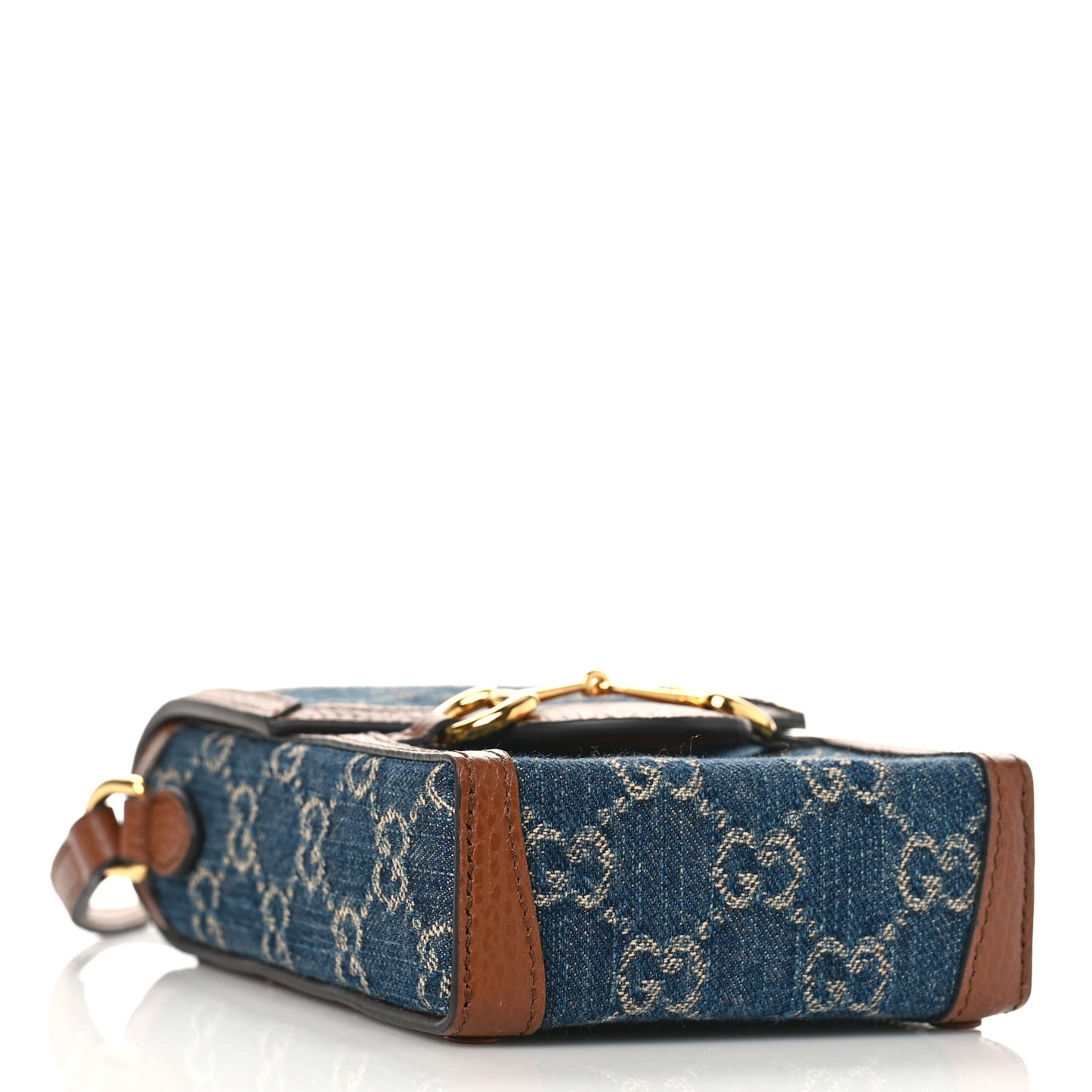New Denim GG Monogram Dollar Calfskin Mini Horsebit 1955 Crossbody Bag Blue Tea Cuir Epilog