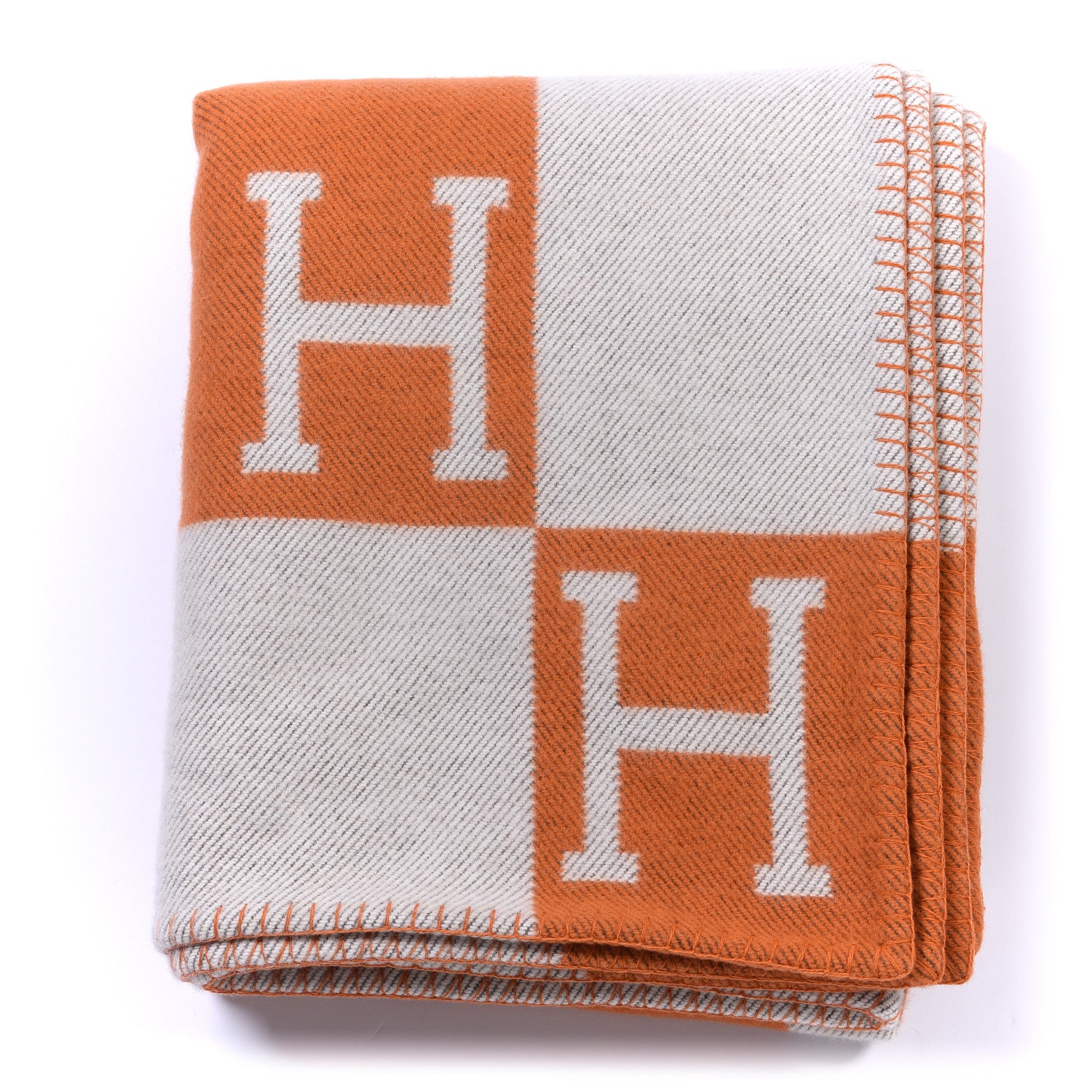 Hermes Wool Cashmere Signature Classic Avalon Blanket Ecru Potiron 1 of 3