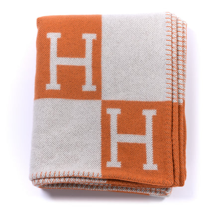 Hermes Wool Cashmere Signature Classic Avalon Blanket Ecru Potiron 1 of 3