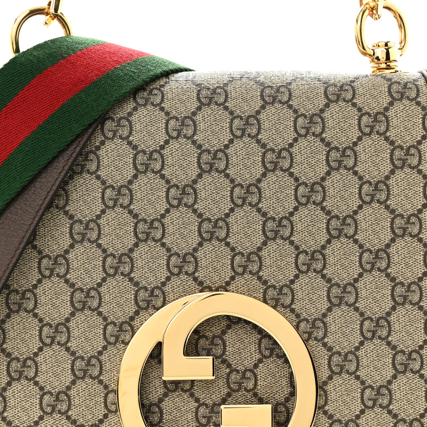 GG Supreme Monogram Textured Dollar Calfskin Web Medium Blondie Top Handle Shoulder Flap Bag Beige Ebony New Acero