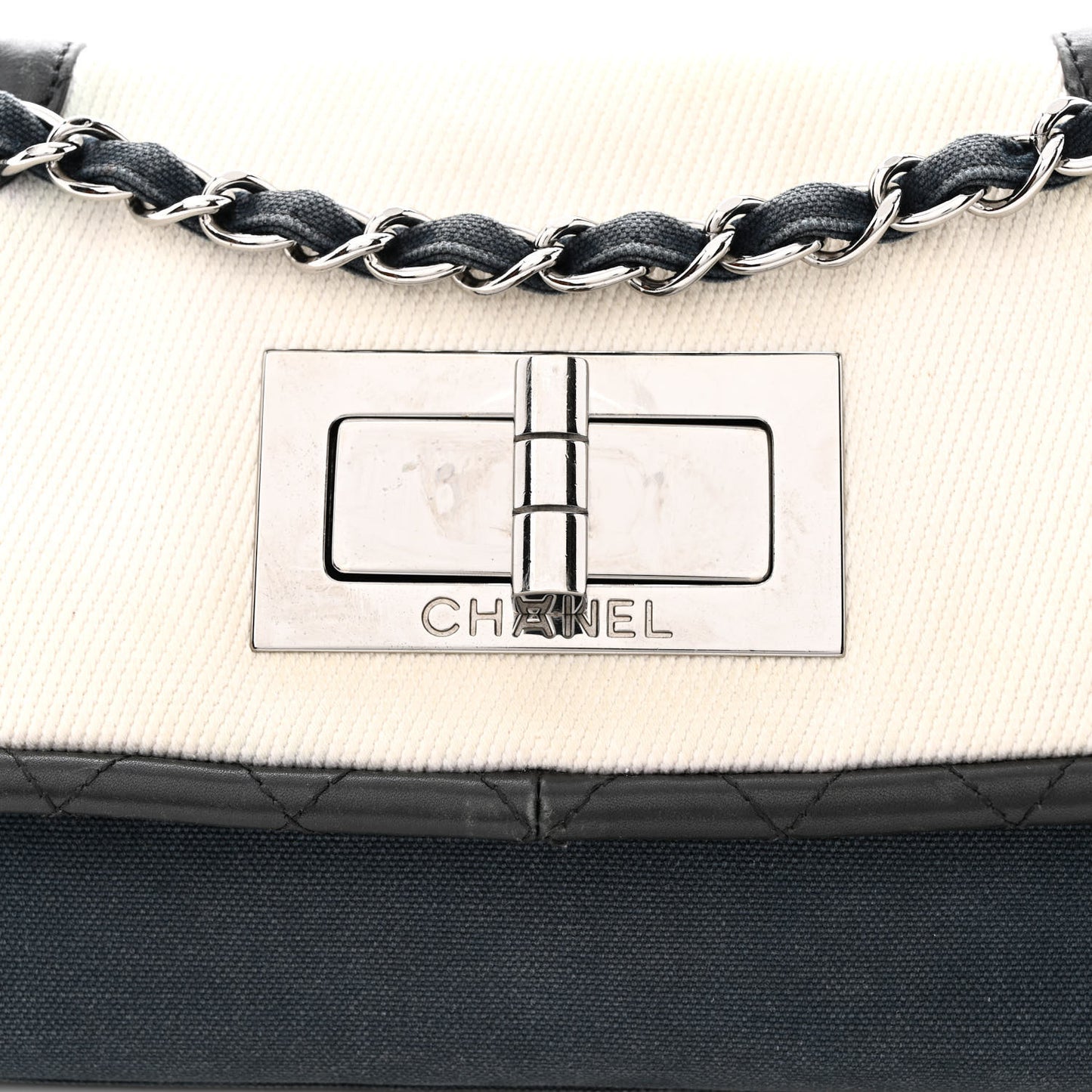 Canvas Lambskin Mademoiselle Lock Flap Navy White
