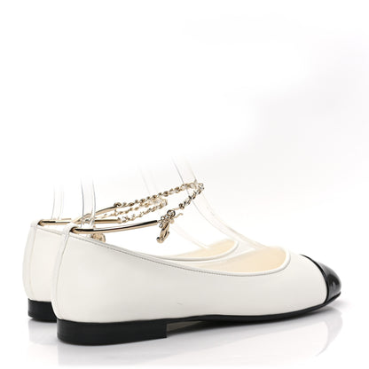 Chanel Lambskin Patent Calfskin Cap Toe Ankle Chain Ballerina Flats 38 White Black 4 of 8