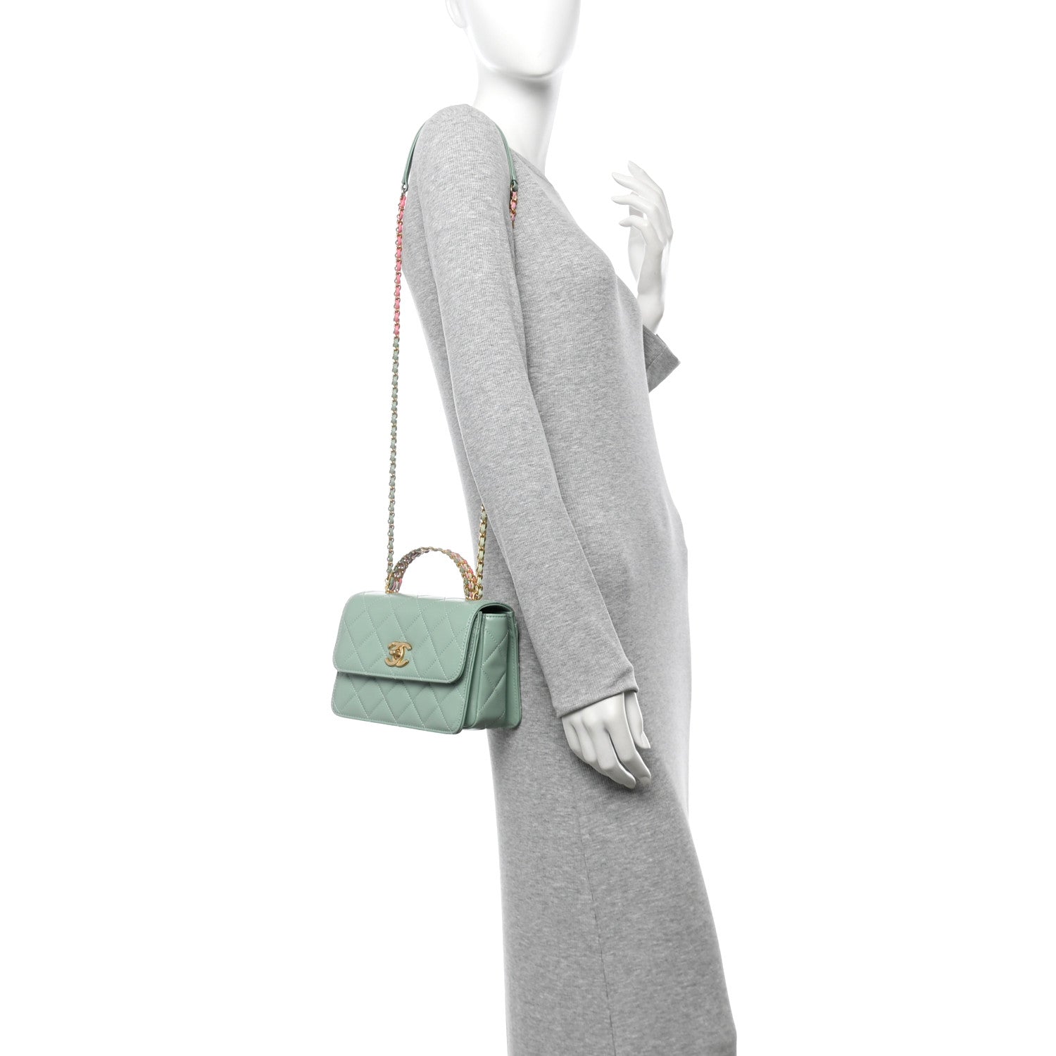Chanel Shiny Calfskin Quilted Mini Metal Top Handle Flap Light Green 2 of 10