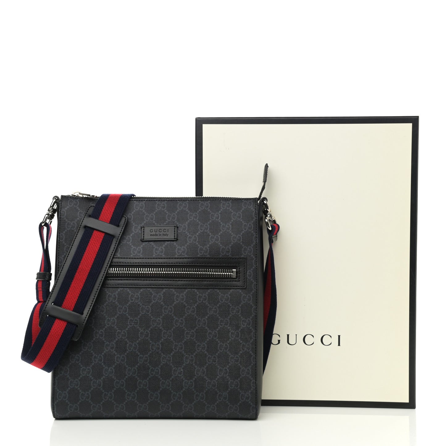 GG Supreme Monogram Appia Calfskin Web Flat Messenger Bag Black Grey