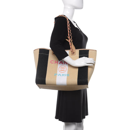 Chanel Straw Raffia Calfskin Striped Medium Deauville Tote Black Beige Ivory 2 of 12