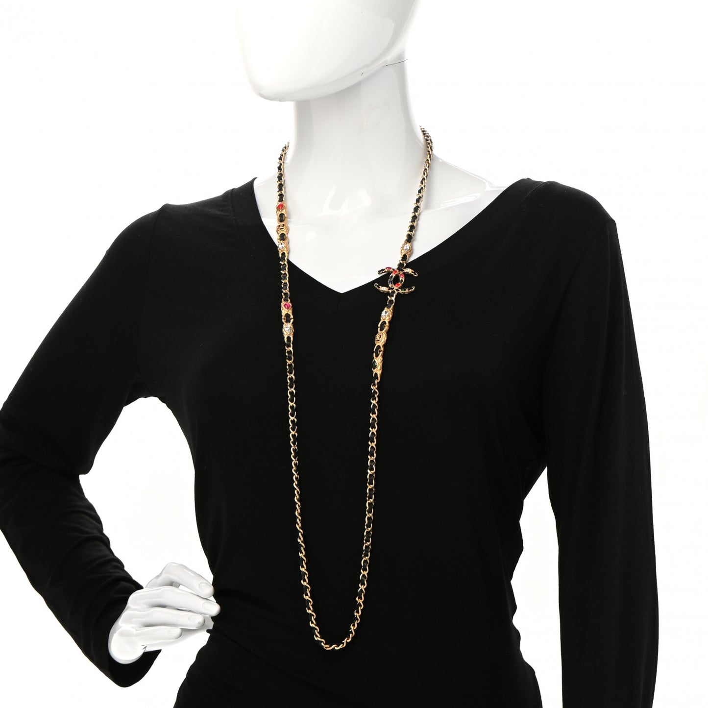 Lambskin Crystal CC Long Necklace Gold Black Red
