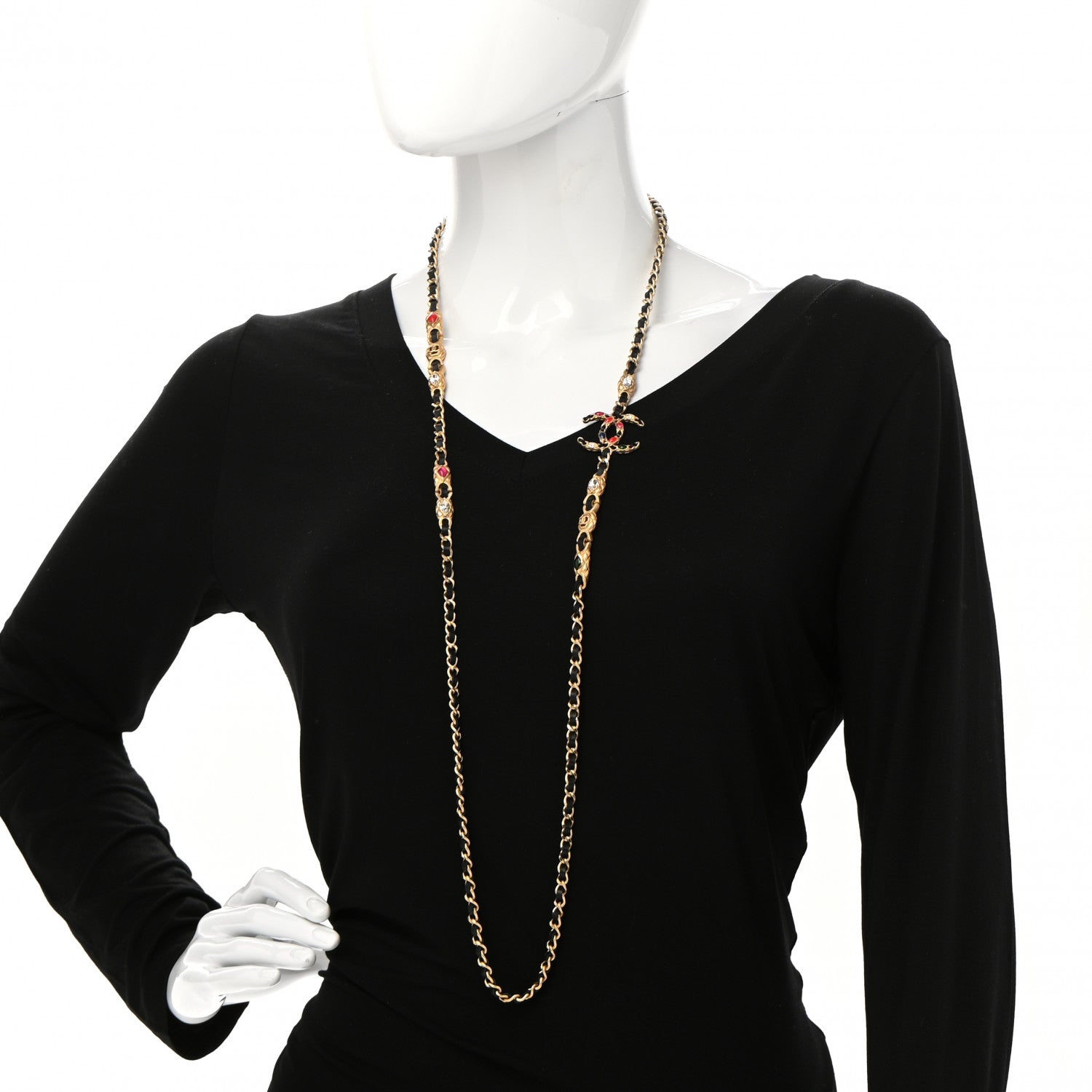 Chanel Lambskin Crystal CC Long Necklace Gold Black Red 2 of 6