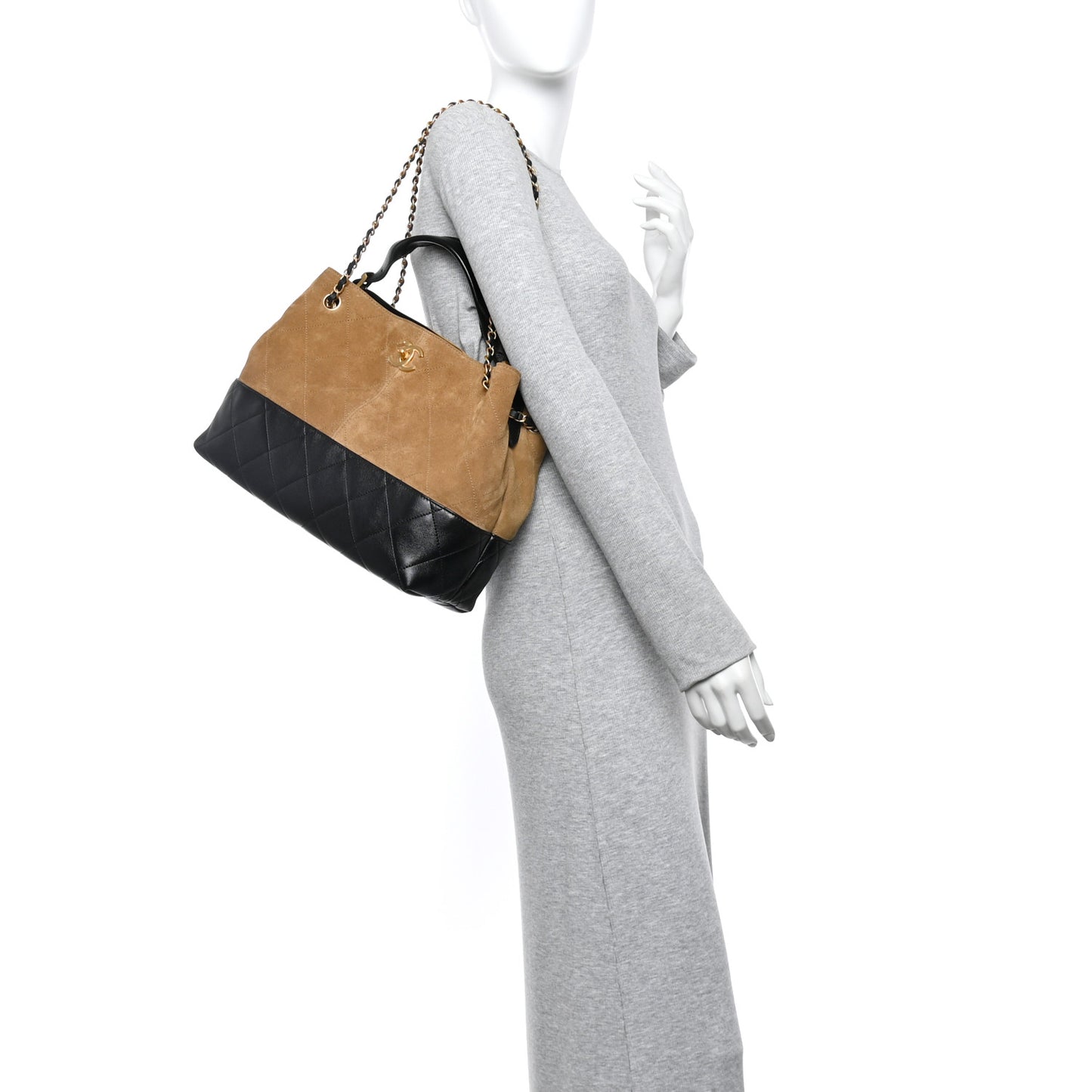 Suede Calfskin Shiny Lambskin Quilted Small Coco Base Shopping Bag Beige Black