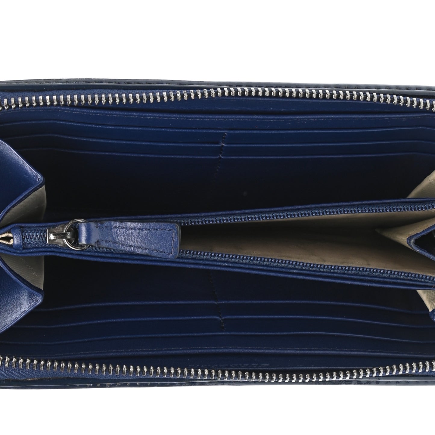 Patent Check Embossed Large Zip Around Wallet Blue