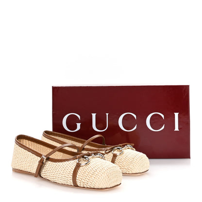 Gucci Raffia Nappa Horsebit Ballerina Flats 38.5 Natural Sundial 9 of 9