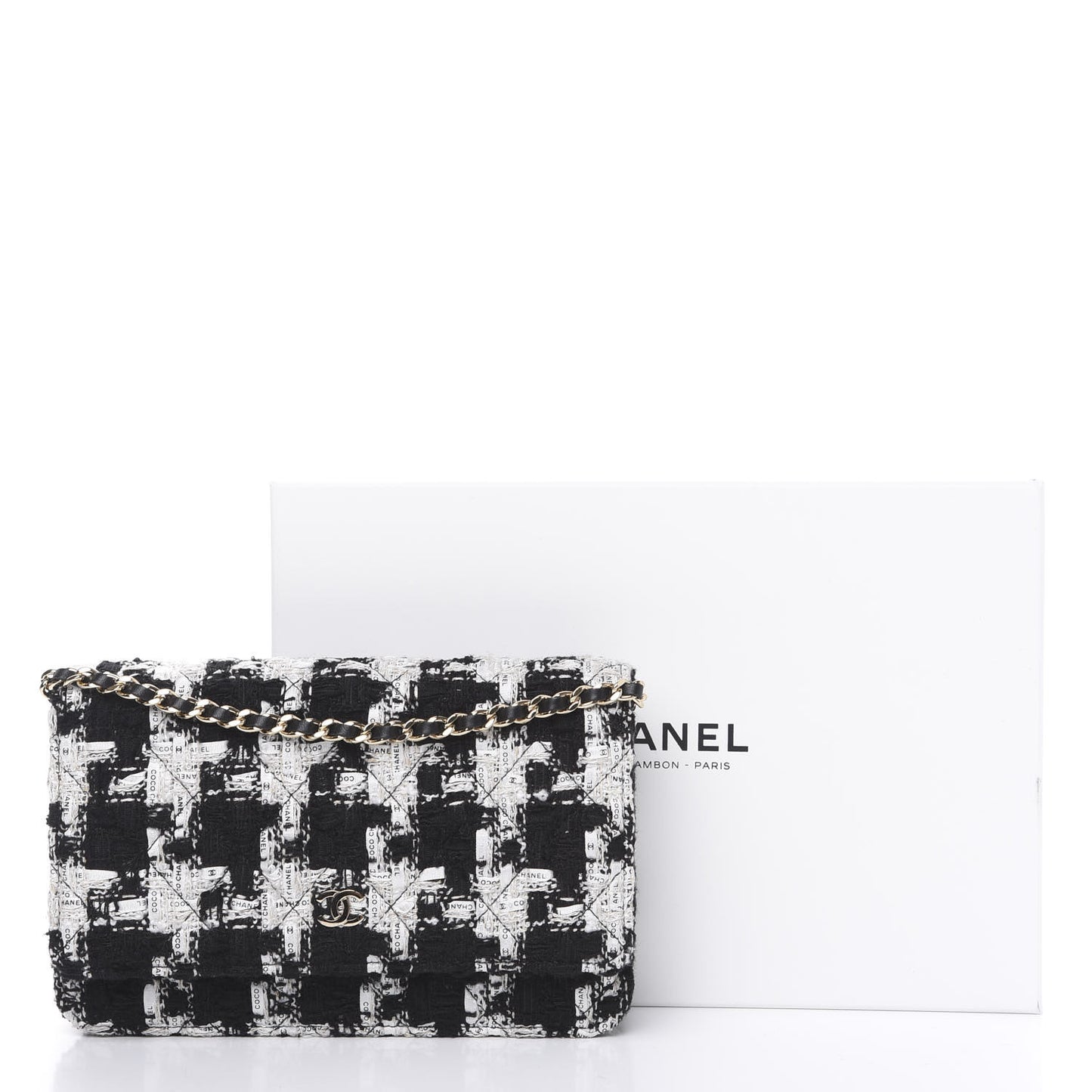 Tweed Quilted Wallet On Chain WOC Black Ecru White