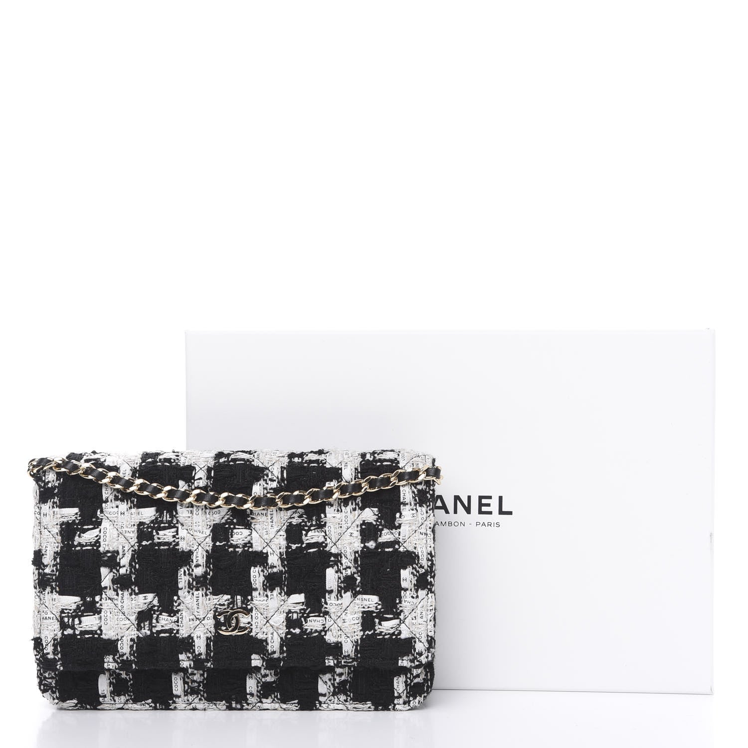 Chanel Tweed Quilted Wallet On Chain WOC Black Ecru White 10 of 10