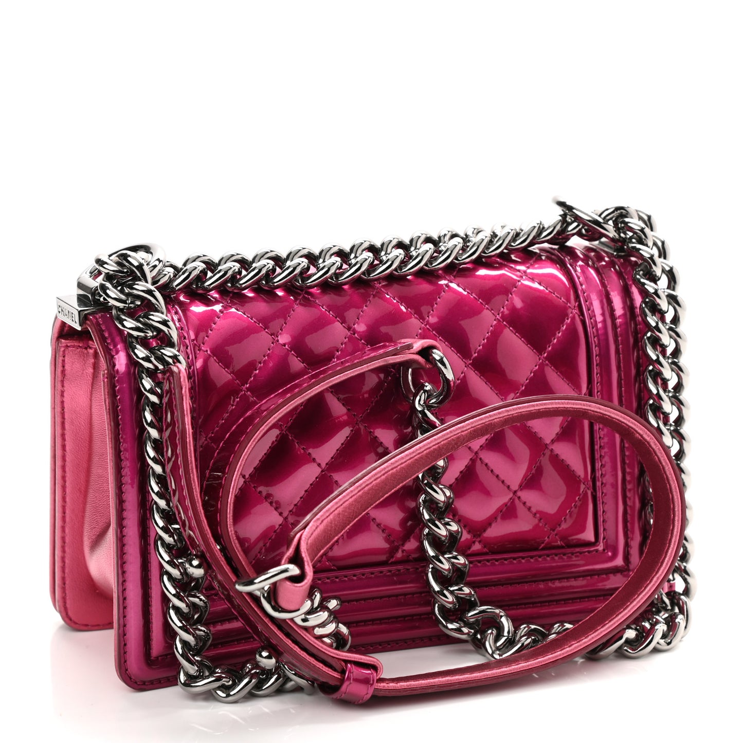 Metallic Patent Calfskin Quilted Small Boy Flap Pink