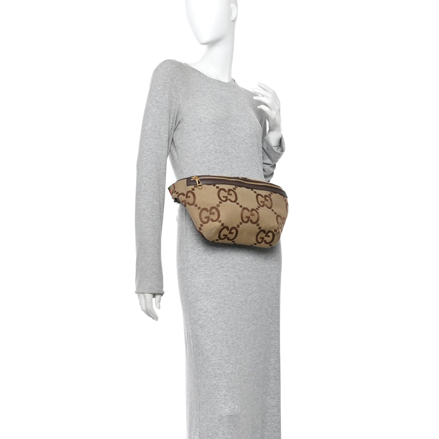 Monogram Jumbo GG Textured Dollar Calfskin Web Belt Bag Camel Ebony New Acero