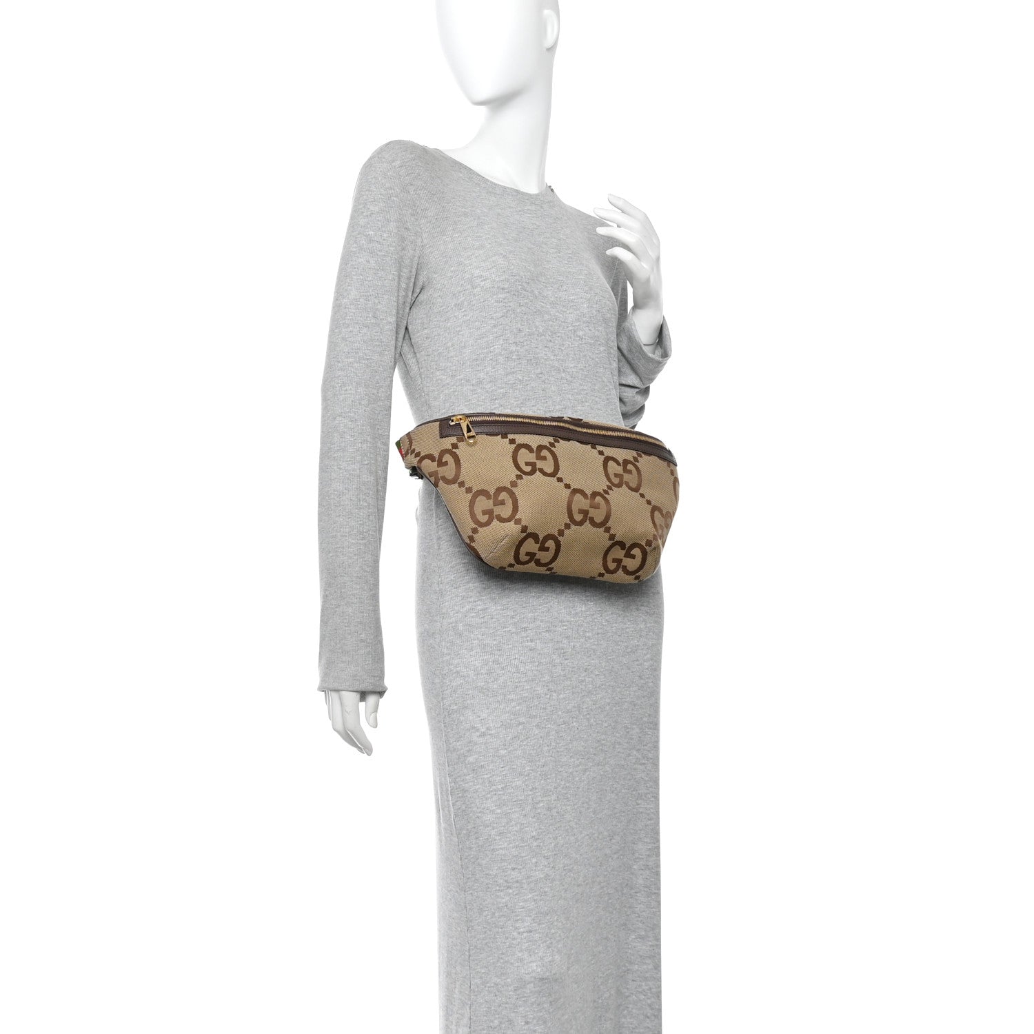 Gucci Monogram Jumbo GG Textured Dollar Calfskin Web Belt Bag Camel Ebony New Acero 2 of 10