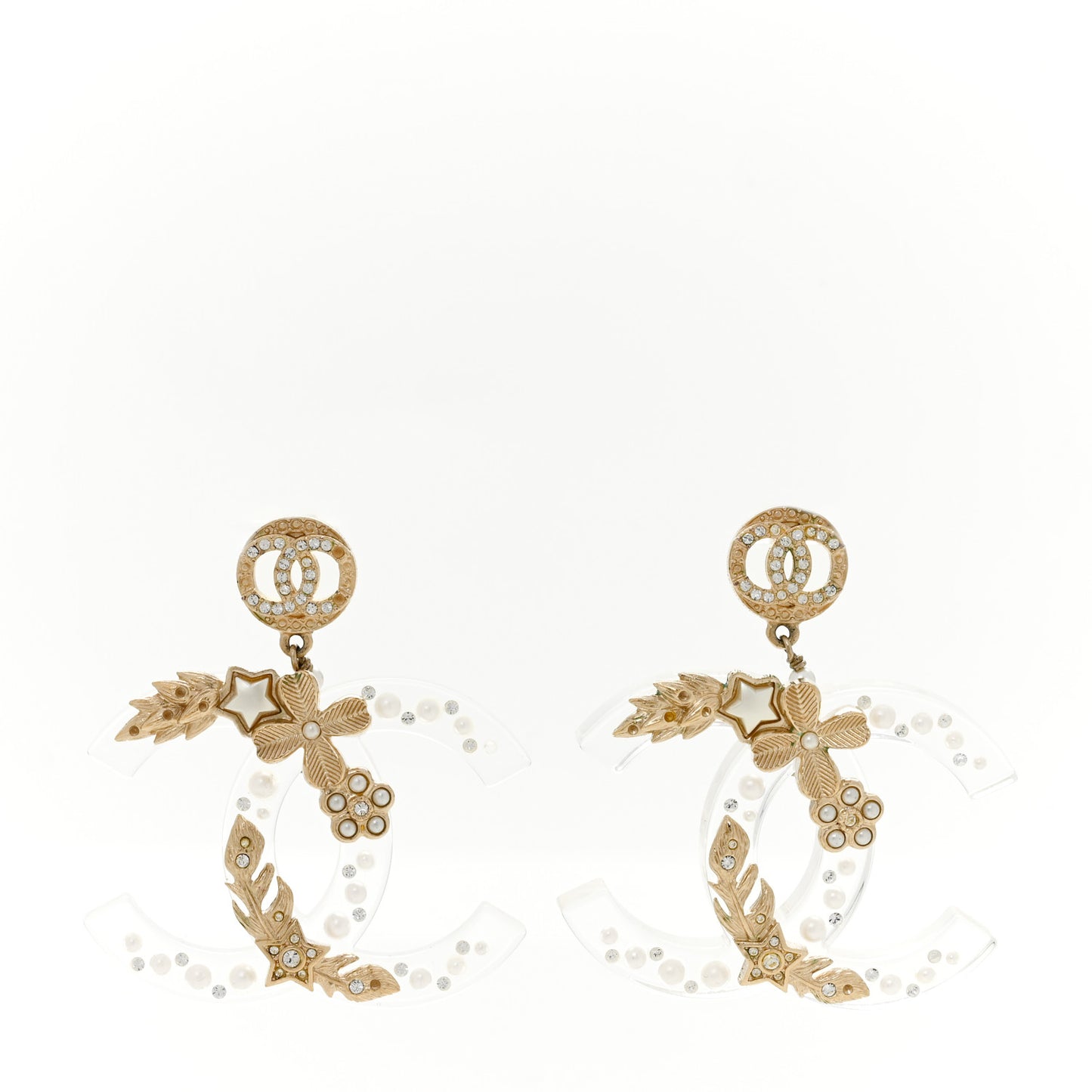 Crystal Pearl Resin CC Drop Earrings Gold