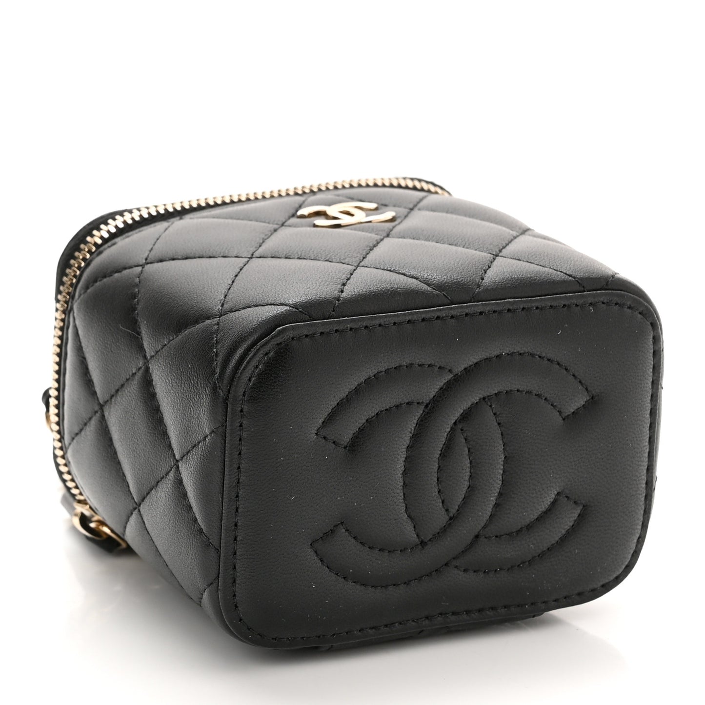 Lambskin Quilted Top Handle Mini Vanity Case With Chain Black