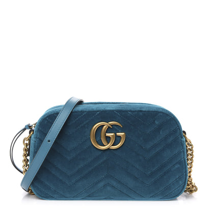 Gucci Velvet Matelasse Small GG Marmont Chain Shoulder Bag Pavone Cyan 1 of 13