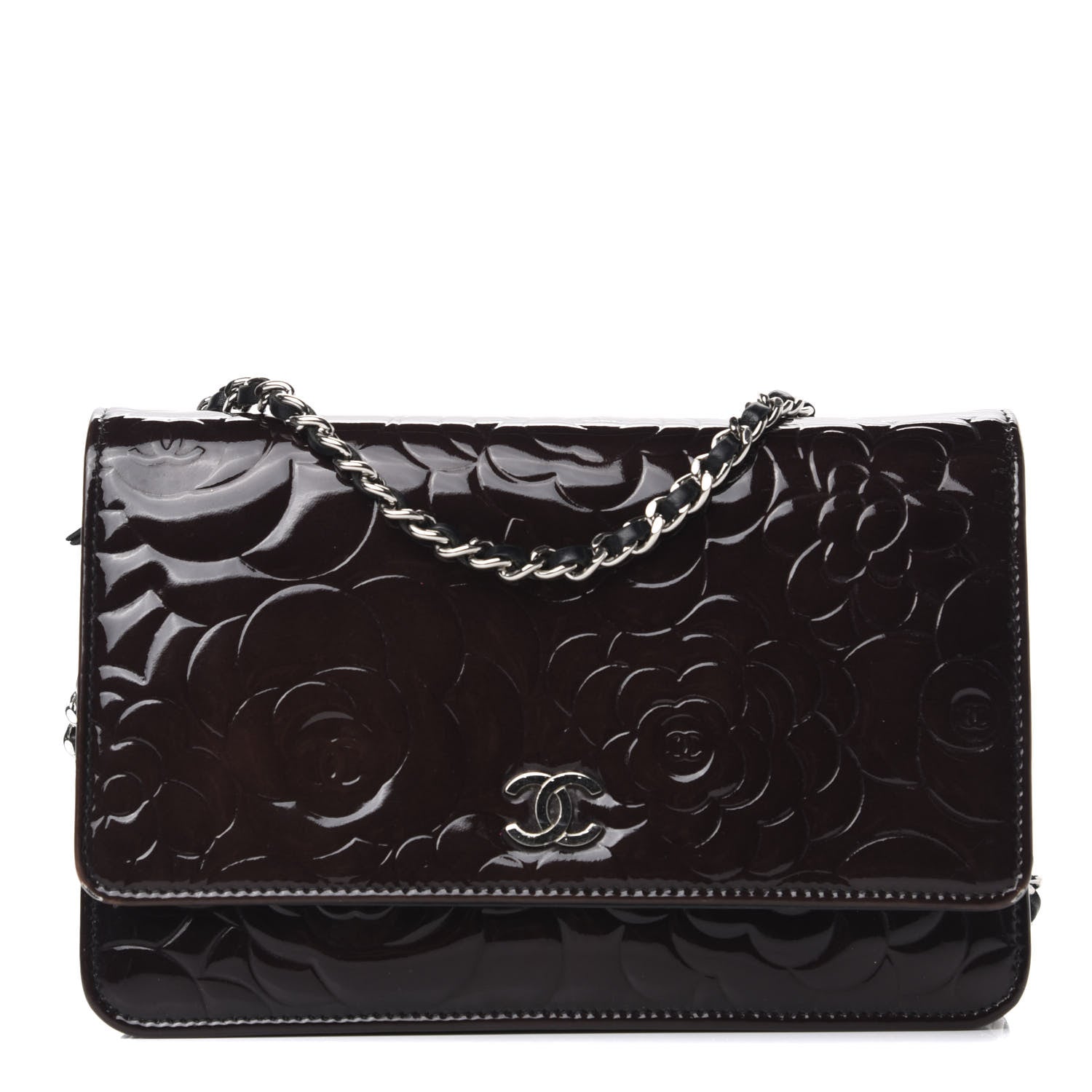 Chanel Patent Camellia Embossed Wallet On Chain WOC Brown 1 of 9