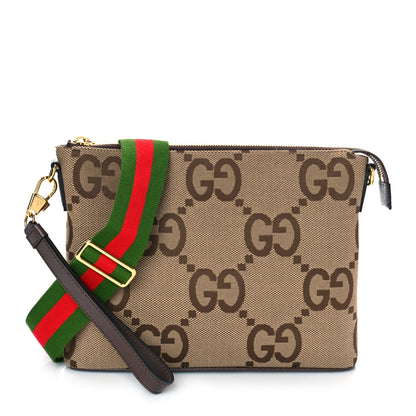 Gucci Monogram Jumbo GG Textured Dollar Calfskin Web Wristlet Messenger Bag Camel Ebony New Acero 2 of 8