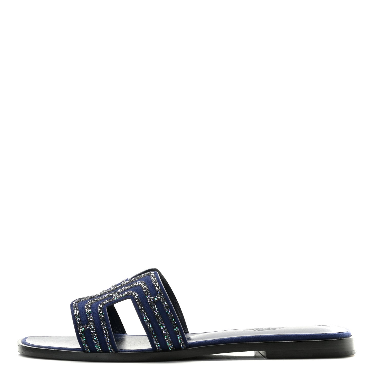 Hermes Suede Goatskin Crystal Oran Sandals 37 Bleu De Prusse Irisé 1 of 11