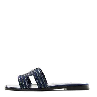 Hermes Suede Goatskin Crystal Oran Sandals 37 Bleu De Prusse Irisé 1 of 11