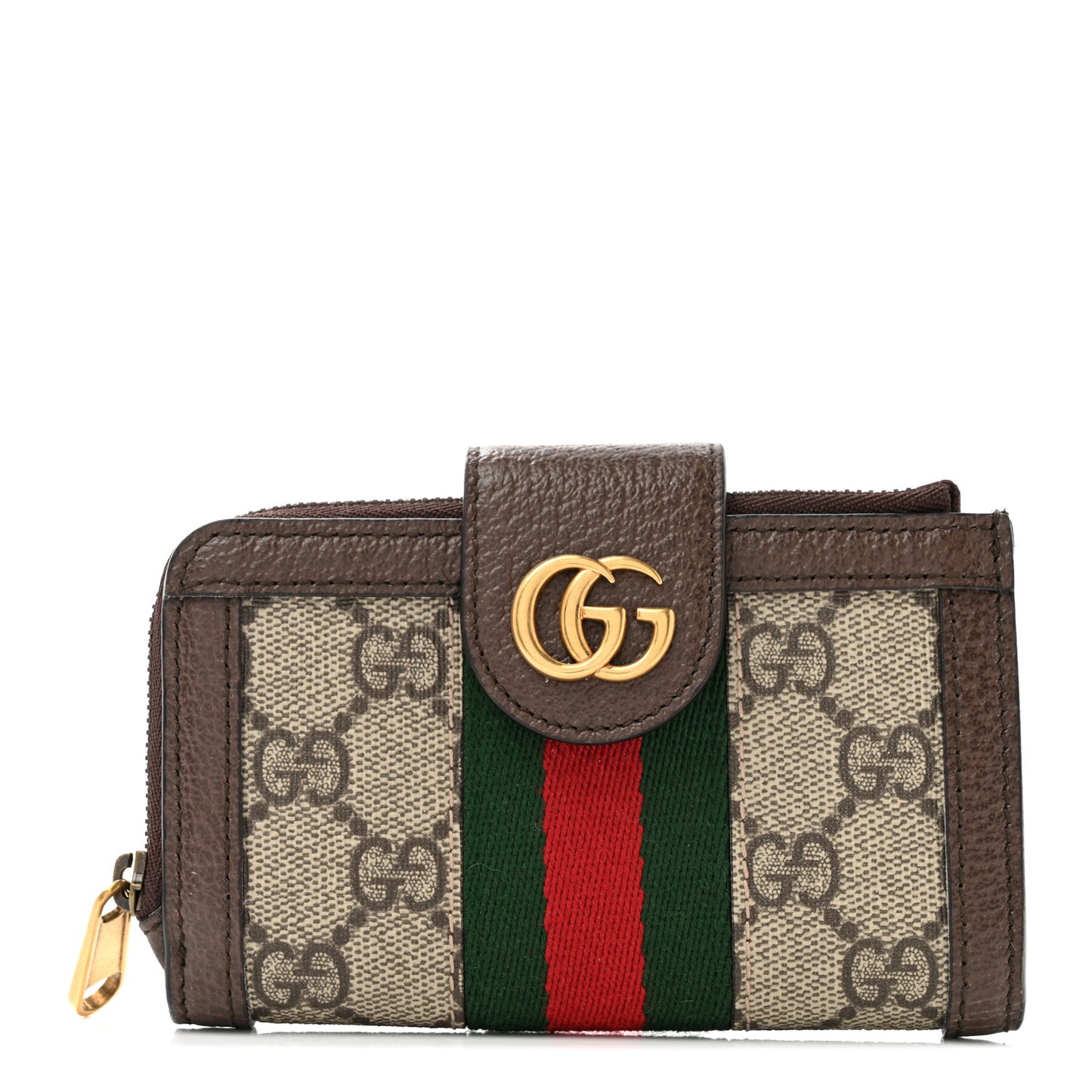 GG Supreme Monogram Textured Dollar Calfskin Web Ophidia Overlay Zip Around Card Case Wallet Beige Ebony New Acero