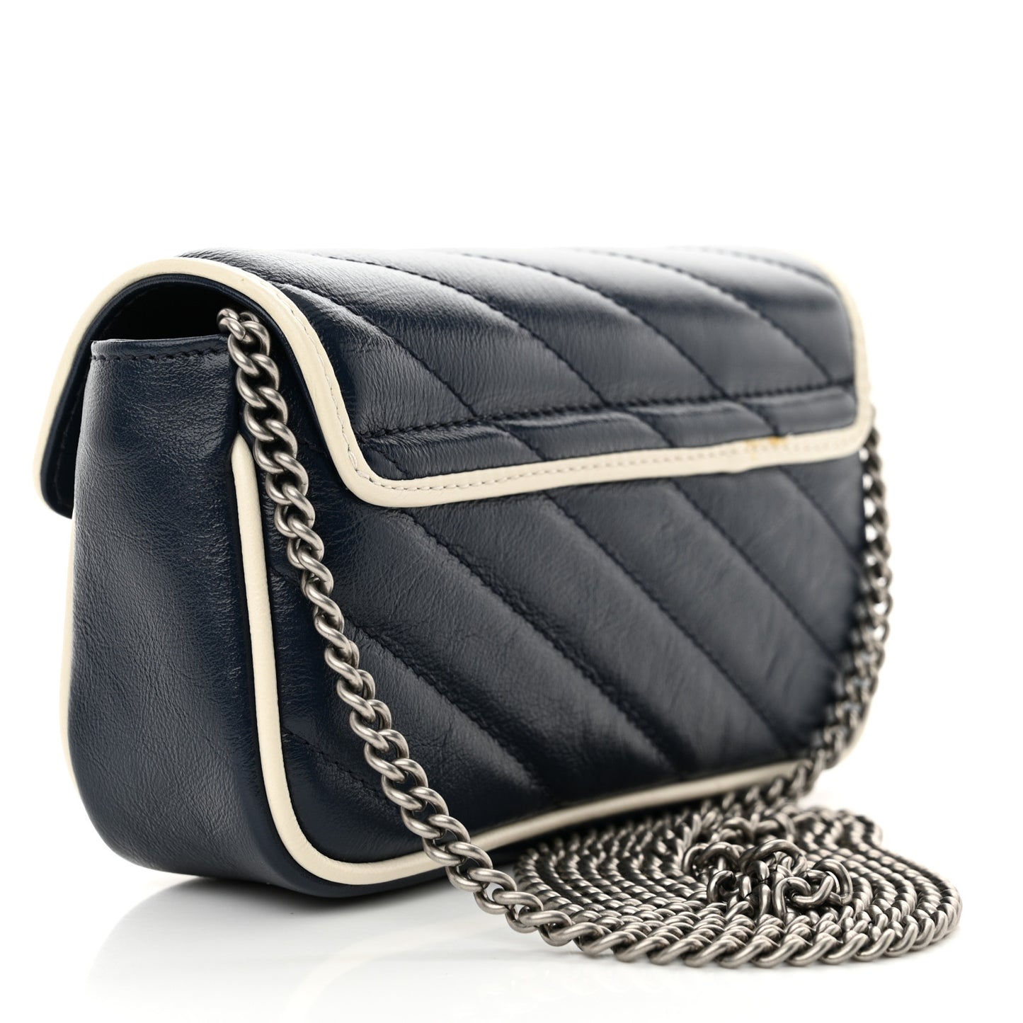 Vintage Effect Calfskin Matelasse Diagonal Super Mini Torchon GG Marmont Shoulder Bag Blue Agata Mystic White
