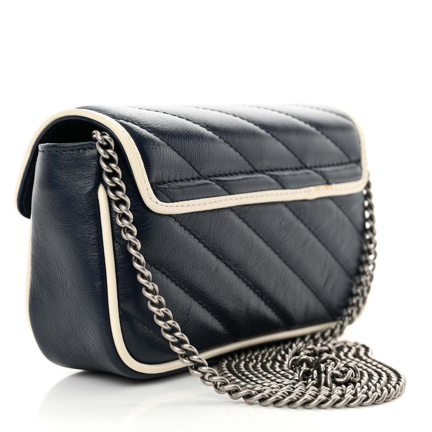 Gucci Vintage Effect Calfskin Matelasse Diagonal Super Mini Torchon GG Marmont Shoulder Bag Blue Agata Mystic White 3 of 12