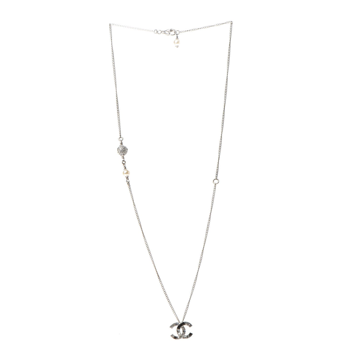 Chanel Baguette Crystal Pearl CC Necklace Silver Black 4 of 7