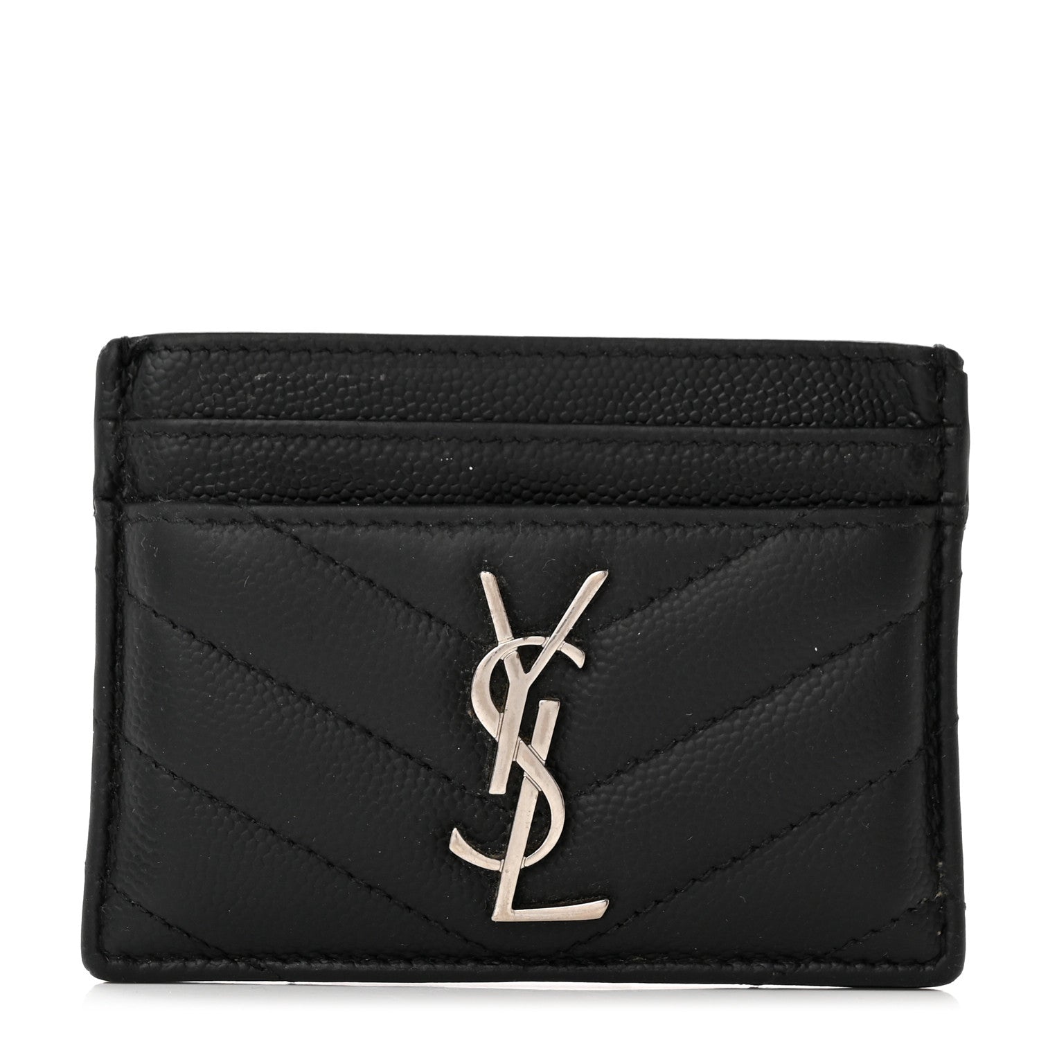Saint Laurent Grain De Poudre Matelasse Chevron Monogram Credit Card Case Black 1 of 12