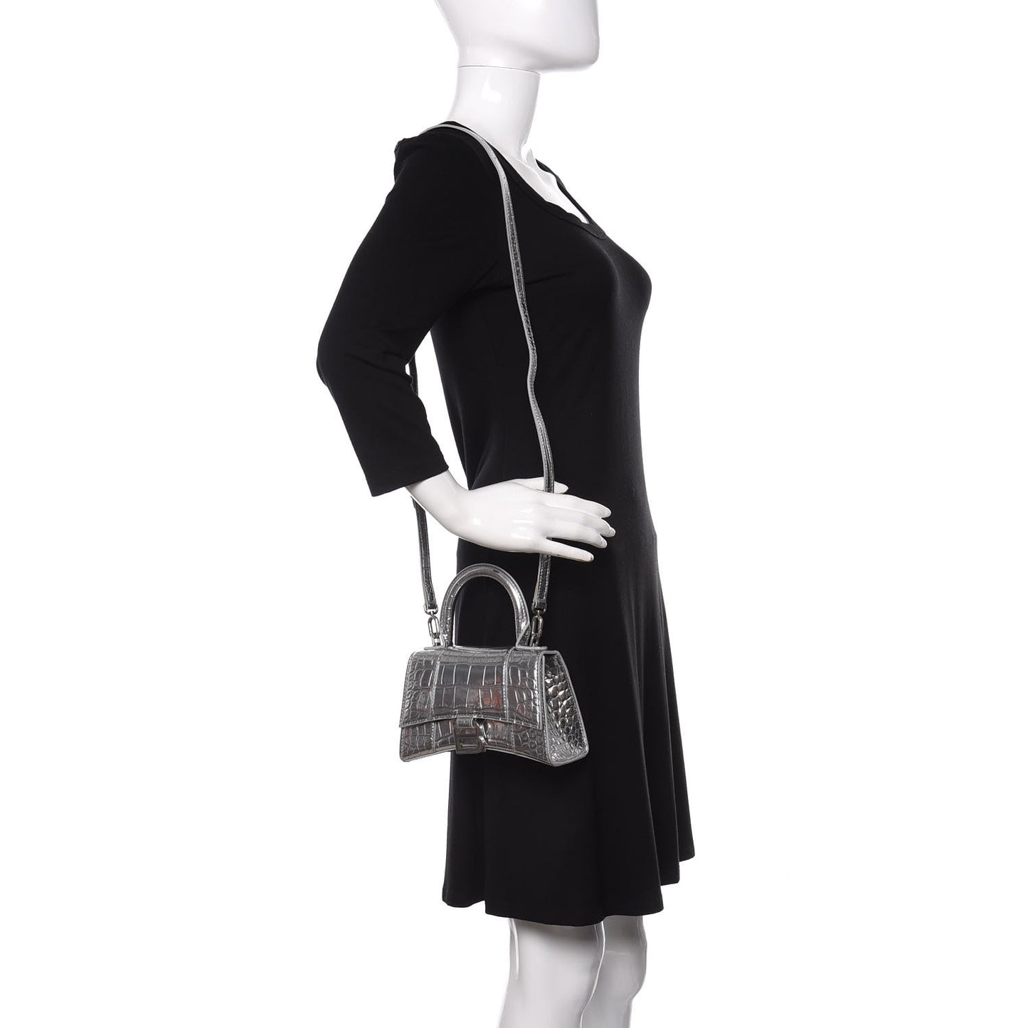 Metallic Calfskin Crocodile Embossed Hourglass Top Handle Bag XS Silver
