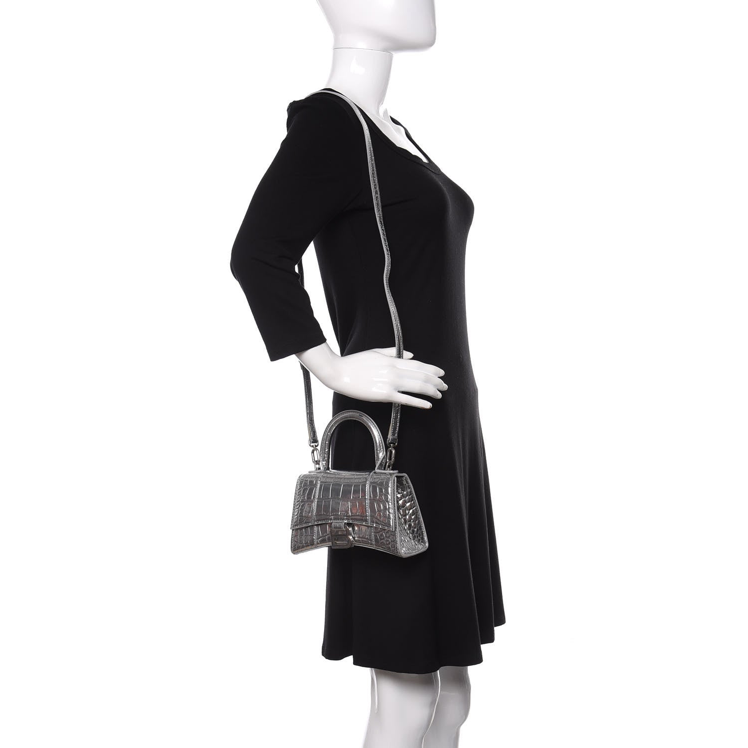 Balenciaga Metallic Calfskin Crocodile Embossed Hourglass Top Handle Bag XS Silver 2 of 10