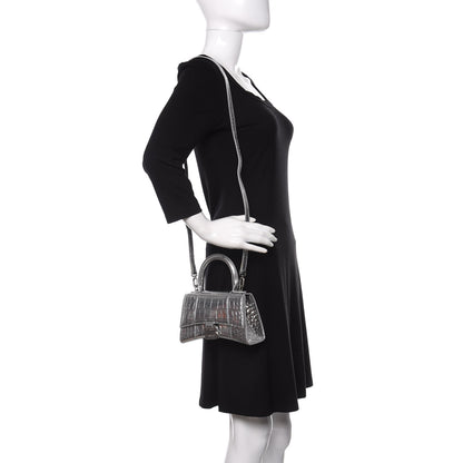 Balenciaga Metallic Calfskin Crocodile Embossed Hourglass Top Handle Bag XS Silver 2 of 10